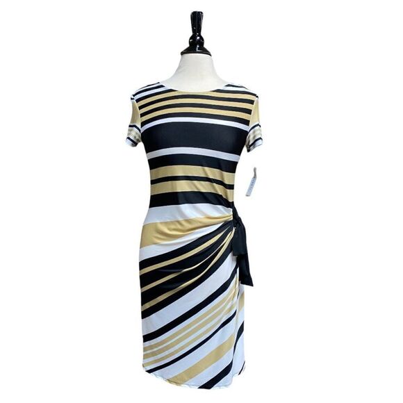 AA Studio AA Tan & Black Stripe Faux Wrap Short Sleeve Dress Size 10 NWT - Picture 1 of 7